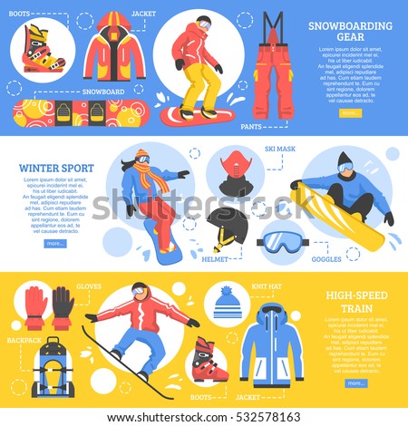 Snowboarding horizontal banners with advertising of gear and tools for extreme winter sports flat vector illustration