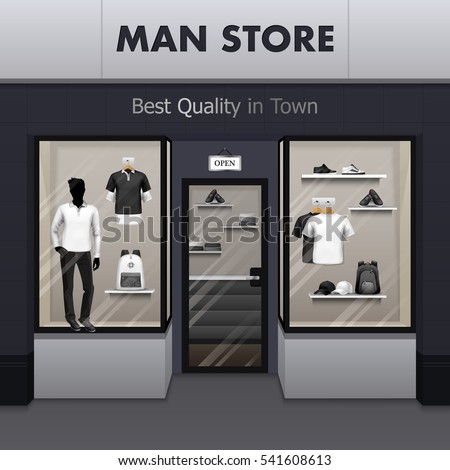 Mens sportswear workout and outdoor active wear best quality fashionable clothes store window display street view vector illustration