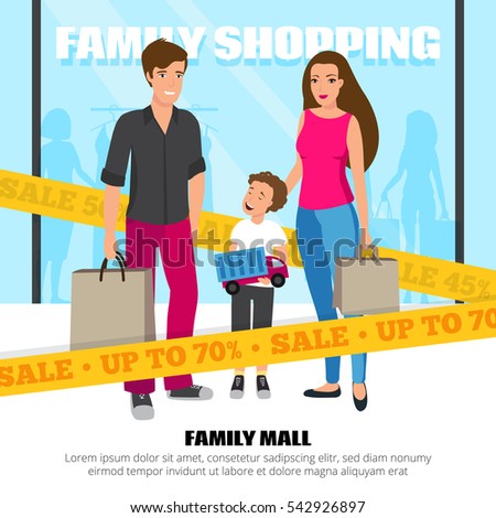 Happy people doing family shopping in mall cartoon vector illustration