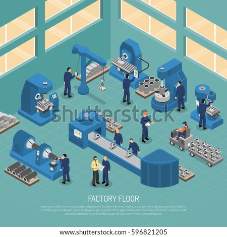 Heavy industry production manufacturing process with workers and equipment machinery on factory floor isometric poster vector illustration