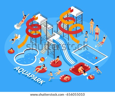 Water park and swimming with people and recreation symbols isometric vector illustration