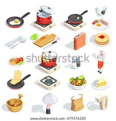 Cooking icons isometric set of sixteen isolated images of food dishes spice kitchenware and cook character vector illustration
