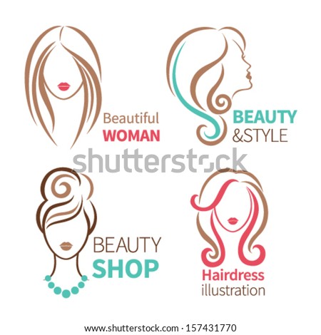 Color set of four beauty icon. Female heads with beautiful hair