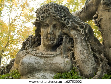 Ancient woman sculpture in Montagnola Park in Bologna, Italy. It is the oldest park in Bologna which was opened at 1664.
