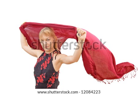 girl holds scarf flying in the wind