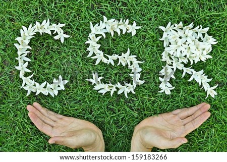 Flowers arranged in csr shape with supporting hands - corporate social responsibility
