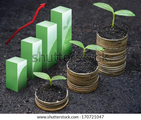 trees growing on coins / csr / sustainable development / economic growth / trees growing on stack of coins