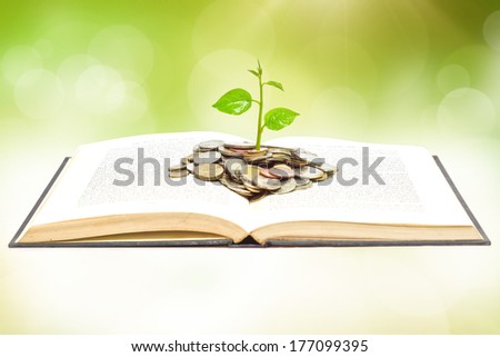 tree growing from book with coins / A big open book with coins and tree. \