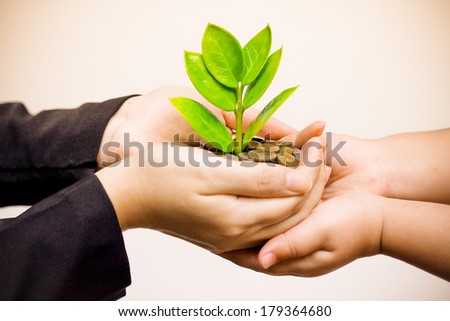 Palms with a tree growing from pile of coins supported by kid\'s hands / hands giving a tree growing on coins to child\'s hands / csr green business / business ethics