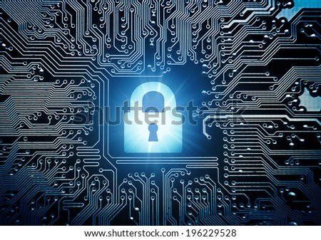 security lock symbol on computer circuit board