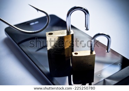 mobile phishing concept - a fish hook and metal locks on a smart phone