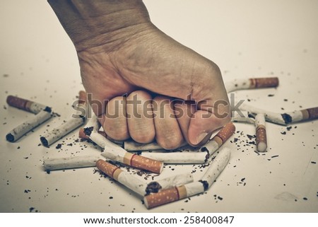 male hand destroying cigarettes - stop smoking concept