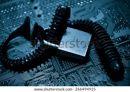 computer security breach due to worm attack - worm on computer circuit board with open security lock
