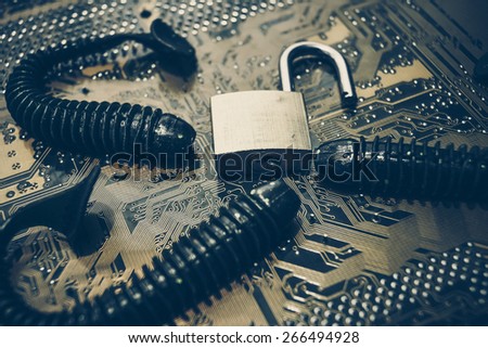computer security breach due to worm attack - worm on computer circuit board with open security lock