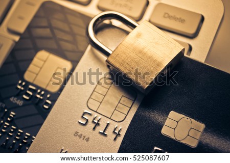 Security lock on credit cards / Credit cards data encryption for security concept