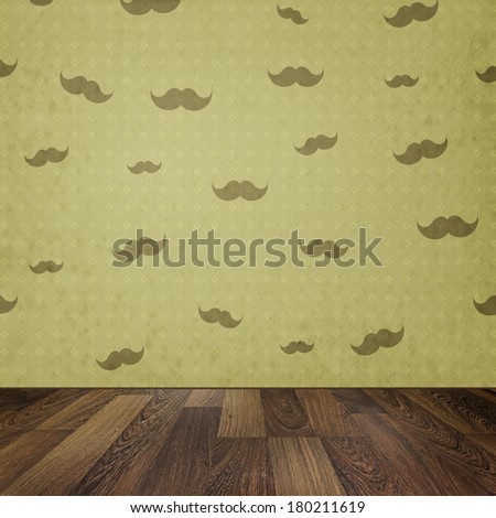 Background with wooden floor and wallpaper pattern with mustache. Empty vintage room.