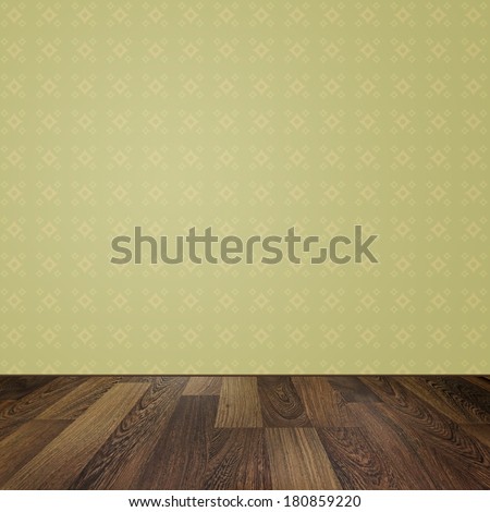Background with wooden floor and wall with retro wallpaper. Empty vintage room.