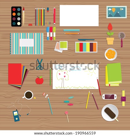 Set of flat educational objects. Background of school supplies