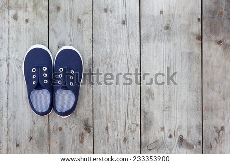 Blue shoes on wooden floor. Pair of shoes