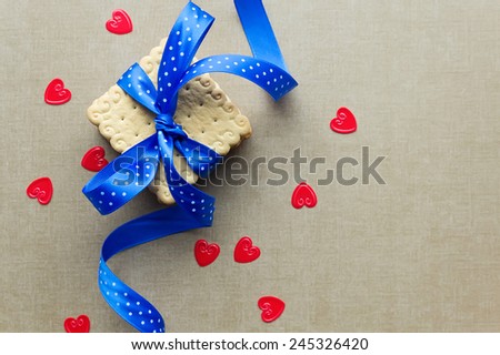 Cookies with blue ribbon. Cookie gift  for valentines or mothers day. Top view