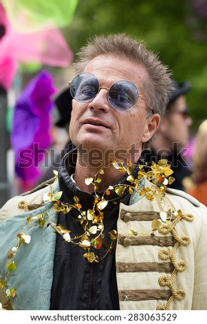 STOCKHOLM, SWEDEN - MAY 31, 2015. Peace and Love Parade. Street party in Stockholm, Thomas Gylling A famous Swedish TV producer and event creator in Stockholm.