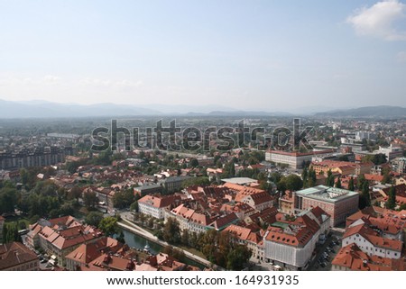 City center and National Library (NUK). View from the castle. Ljubljana, Slovenia.
