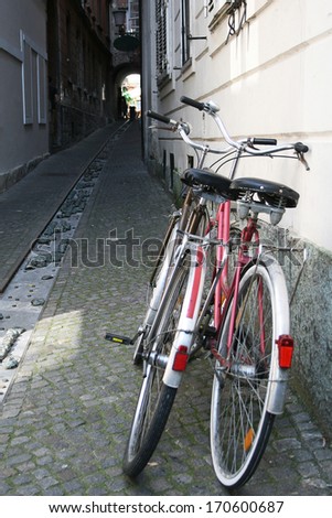 Couple of vintage bicycles on the old town, Retro Style