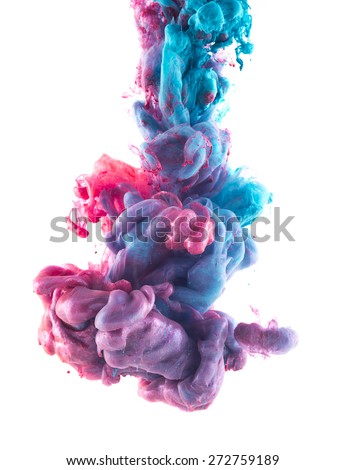 Color drop underwater. Ink swirling in water. Cloud of silky ink in water isolated on white background. Colorful ink in water, ink drop. Abstract flowers. Pink and blue.