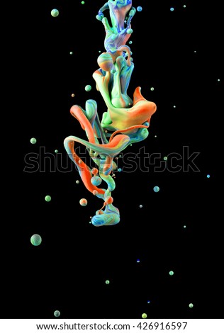 Photograph of an ink drop forming color bubbles underwater. Liquids mixing in dynamic flow creating round shapes with vivid structure. A detailed colorful abstract design on black background.