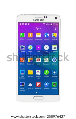 Varna Bulgaria February 27 2015 Studio shot of a white Samsung Galaxy Note 4 smartphone with 16 mP Camera quad-core 2 7 GHz and 5.7 inch display 1440x 2560 pixels resolution Varna Bulgaria February 27 2015 Studio shot of a white Samsung Galaxy Note 4 smartphone with 16 mP Camera quad-core 2 7 GHz and 5.7 inch display 1440x 2560 pixels resolution