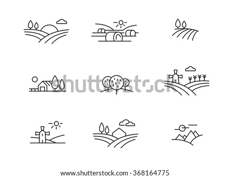 Country landscape icons, thin line style