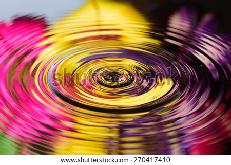 water drop on water reflection of colorful flowers