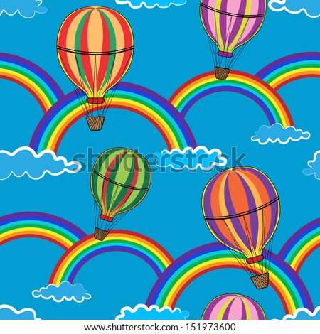 Seamless pattern with air balloons, rainbows and clouds on the blue background