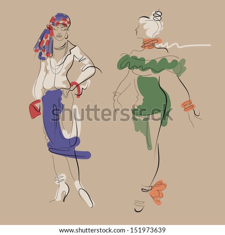 Sketch with fashion models. Two women dressed in stylish clothes go shopping