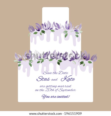 Invitation card with big cake and violet flowers. Floral holiday card for birthday or wedding invitation on the beige background.