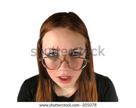 stock photo : ugly girl with glasses on white background