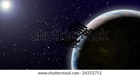 planet earth in space with sun in background and ISS Space Station