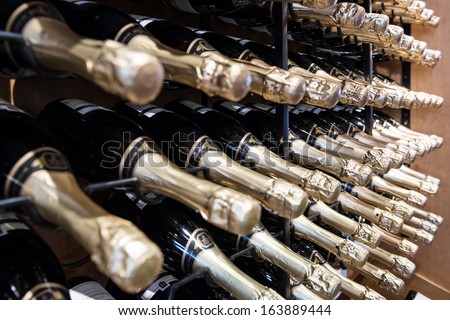 Sparkling Wine Bottles in rack