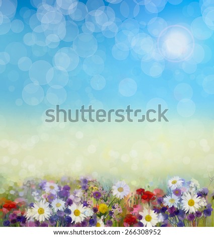Oil painting flowers spring background .Flowers in soft color and blur style for background.