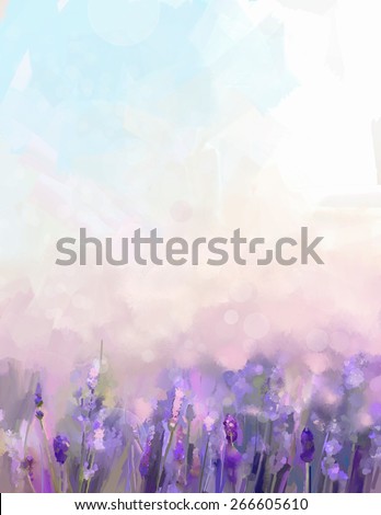 Oil painting lavender  flowers in the meadows. Abstract  oil painting sunshine at flower field in soft purple color and blur style with bokeh background.