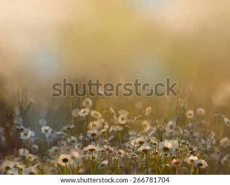 Vintage white daisy flowers in the meadows. Abstract  oil painting  field of daisies at sunset  in soft golden brown color and blur style with bokeh background.