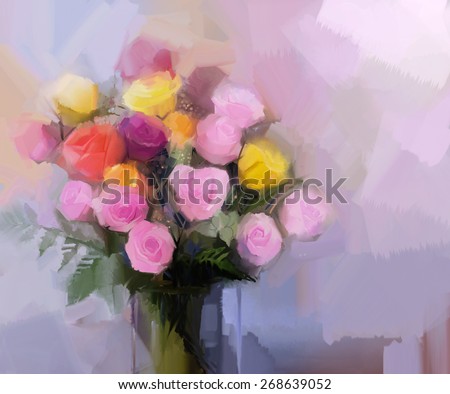 Still life a bouquet of flowers. Oil painting red and yellow rose flowers in vase. Hand Painted floral in soft color and blurred style background