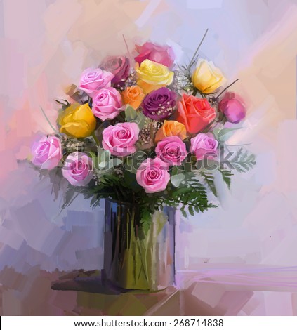 Still life a bouquet of flowers. Oil painting red and yellow rose flowers in vase. Hand Painted floral in soft color and blurred style background