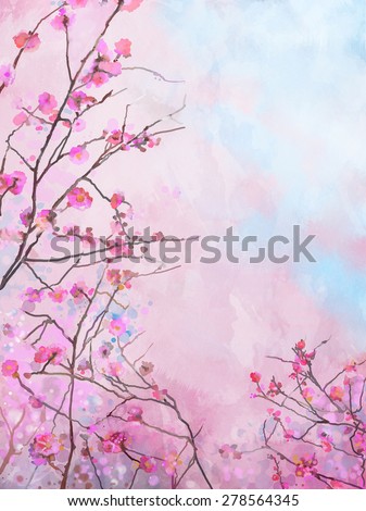 Painting pink floral Spring blossom background. Water color Painted flowering Japanese cherry - sakura floral in soft color background
