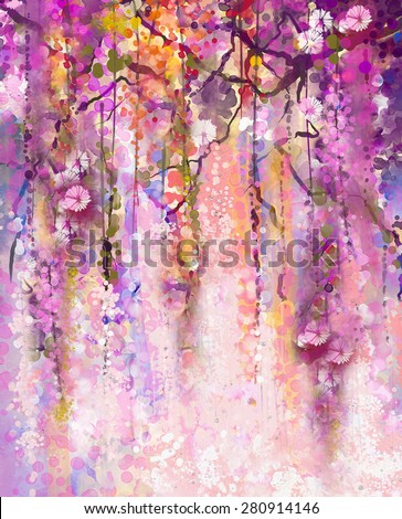 Abstract flowers watercolor painting. Spring purple flowers Wisteria background