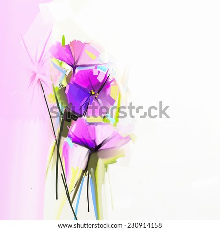 Abstract oil painting of spring flowers . Hand Painted spring purple flowers