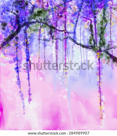 Abstract flowers watercolor painting. Spring purple flowers Wisteria with bokeh background