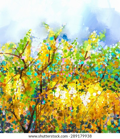 Abstract flowers watercolor mix oil color painting. Spring yellow flowers Wisteria tree with soft yellow and blue color background.