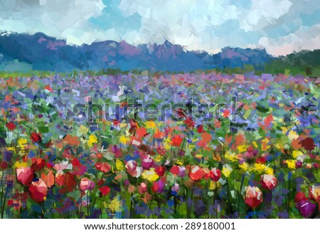 Oil painting Colorful spring summer rural landscape. Abstract Tulips flowers blossom in the meadow with hill and blue sky color background.