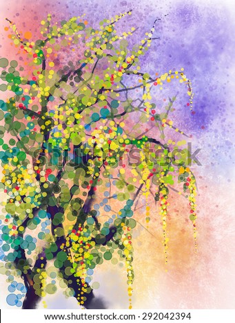 Abstract flowers watercolor painting. Spring nature season with yellow flowers Wisteria tree on grunge yellow and blue watercolor background